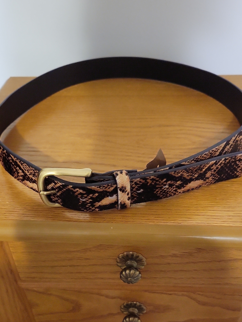 Patricia Nash Black and Brown Snake-Print Leather Belt with Gold Buckle